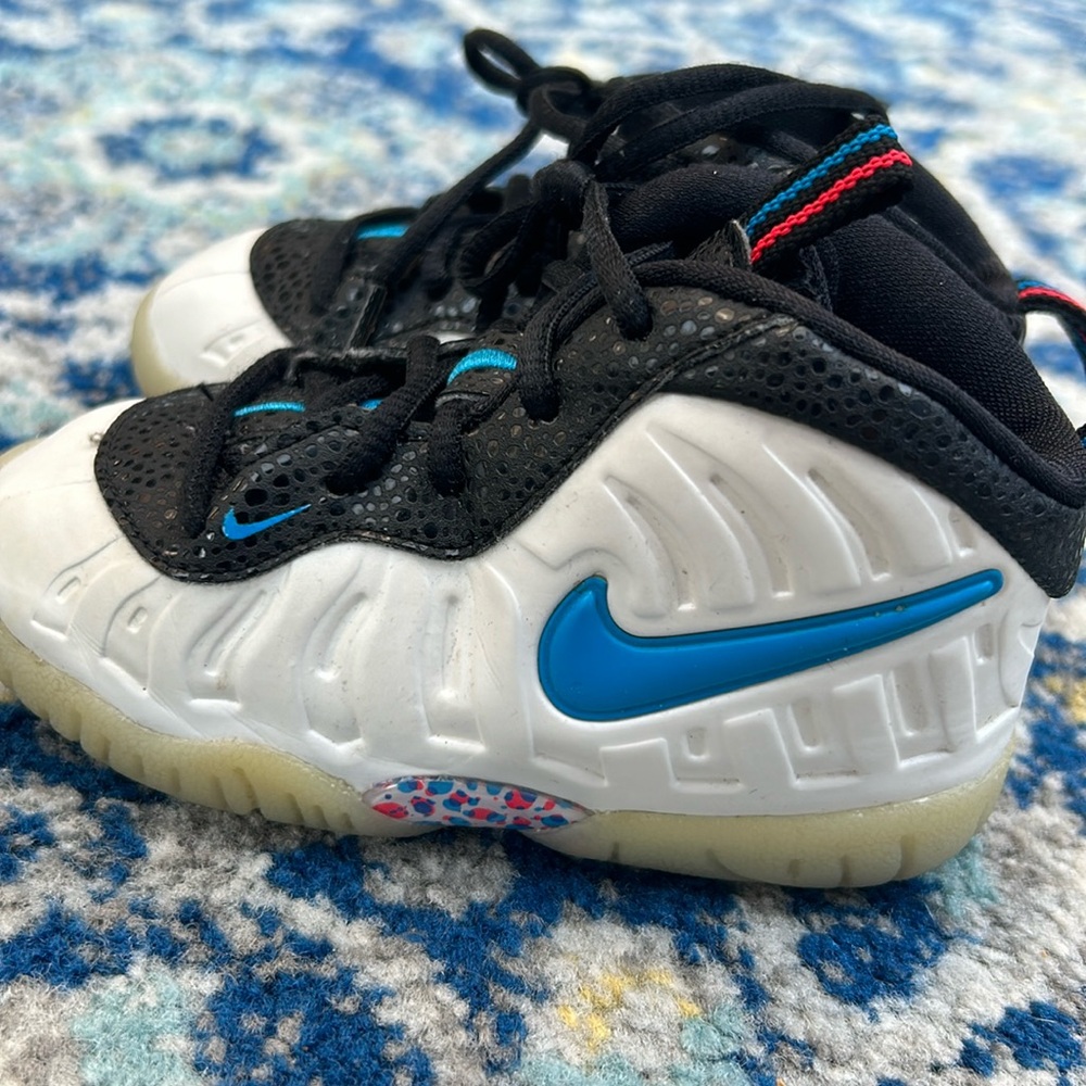 Nike Foamposites white with blue swoosh pink & blue stripe